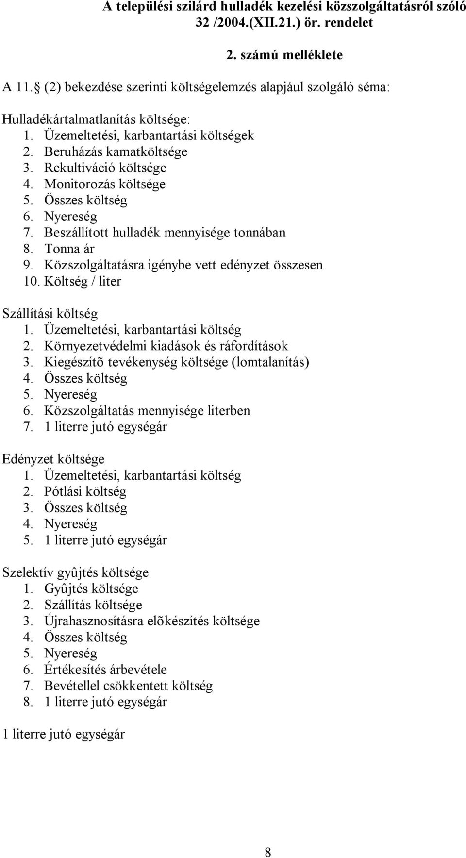 Monitorozás költsége 5. Összes költség 6. Nyereség 7. Beszállított hulladék mennyisége tonnában 8. Tonna ár 9. Közszolgáltatásra igénybe vett edényzet összesen 10.