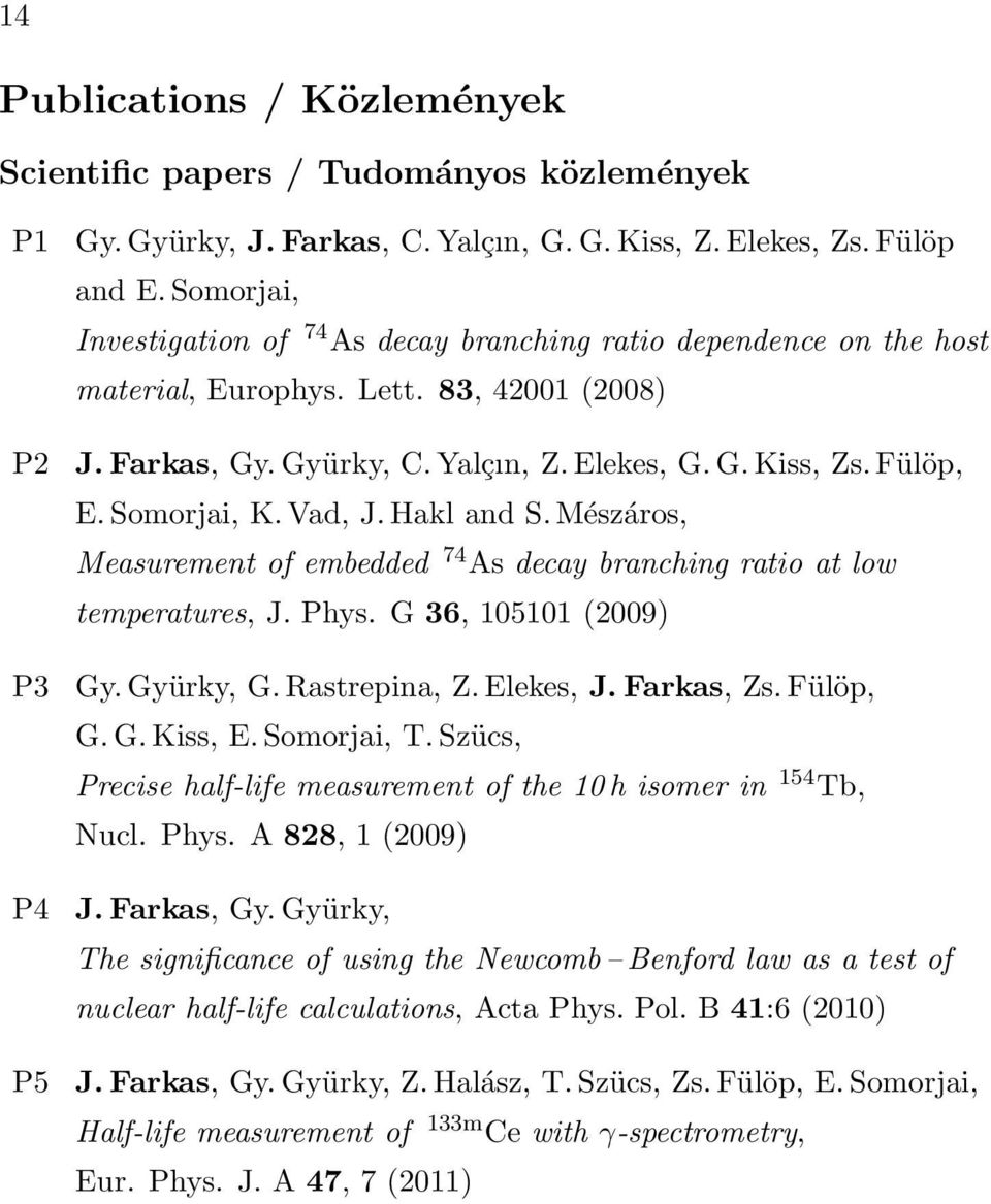 Somorjai, K.Vad, J. Hakl and S.Mészáros, Measurement of embedded 74 As decay branching ratio at low temperatures, J. Phys. G 36, 105101 (2009) P3 Gy. Gyürky, G. Rastrepina, Z. Elekes, J. Farkas, Zs.