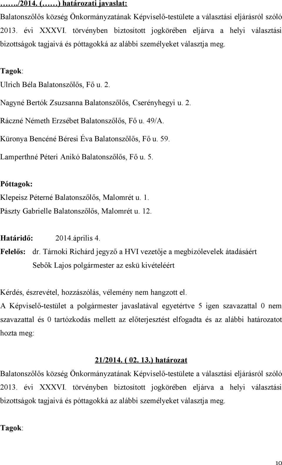 Nagyné Bertók Zsuzsanna Balatonszőlős, Cserényhegyi u. 2. Ráczné Németh Erzsébet Balatonszőlős, Fő u. 49/A. Küronya Bencéné Béresi Éva Balatonszőlős, Fő u. 59.