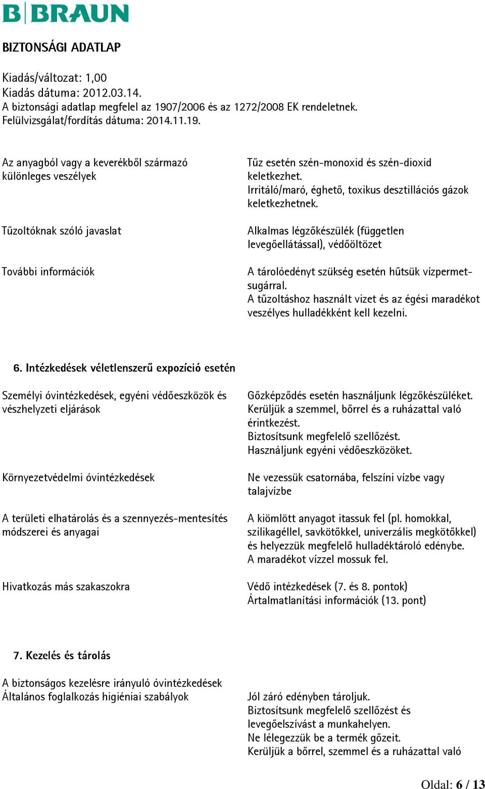 A tűzoltáshoz használt vizet és az égési maradékot veszélyes hulladékként kell kezelni. 6.