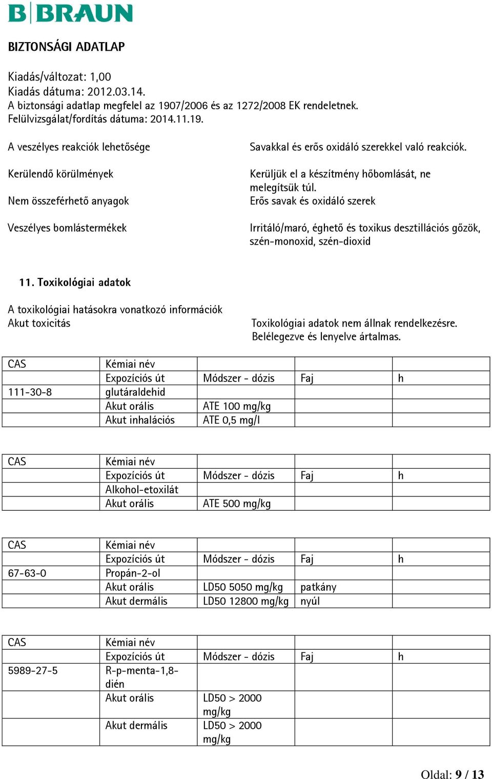 Toxikológiai adatok A toxikológiai hatásokra vonatkozó információk Akut toxicitás Toxikológiai adatok nem állnak rendelkezésre. Belélegezve és lenyelve ártalmas.