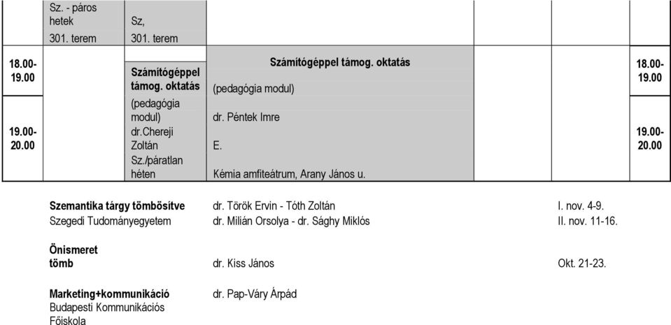 /páratlan héten Kémia amfiteátrum, Arany János u. 1- Szemantika tárgy tömbösítve dr. Török Ervin - Tóth Zoltán I. nov. 4-9.