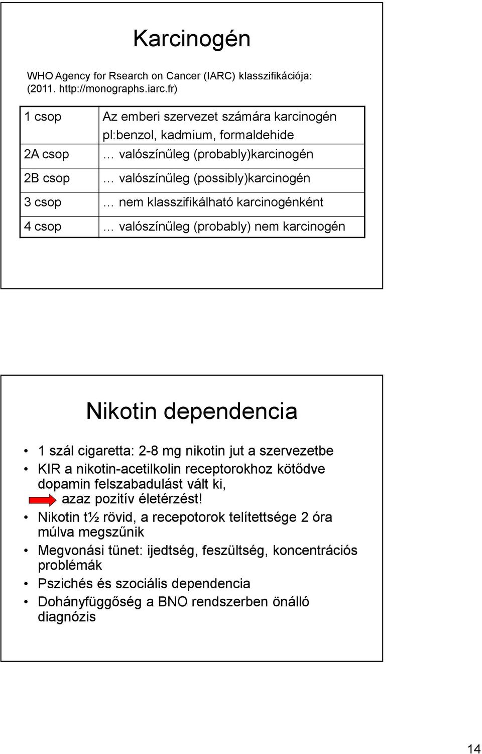 klasszifikálható karcinogénként 4 csop valószínűleg (probably) nem karcinogén Nikotin dependencia 1 szál cigaretta: 2-8 mg nikotin jut a szervezetbe KIR a nikotin-acetilkolin