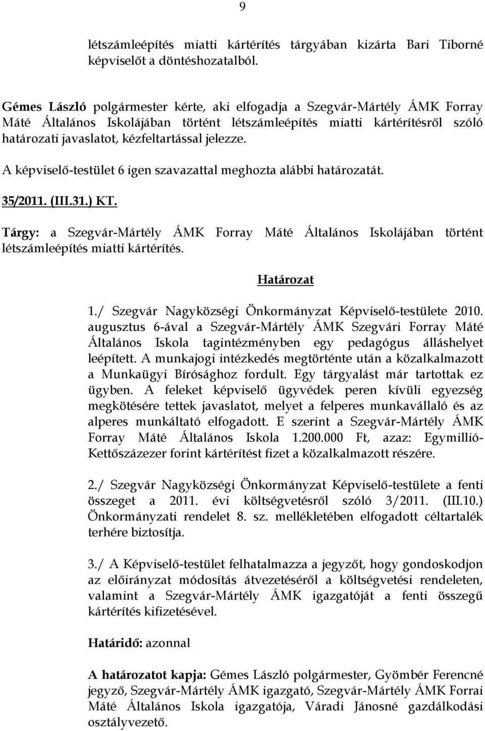 jelezze. A képviselő-testület 6 igen szavazattal meghozta alábbi határozatát. 35/2011. (III.31.) KT.