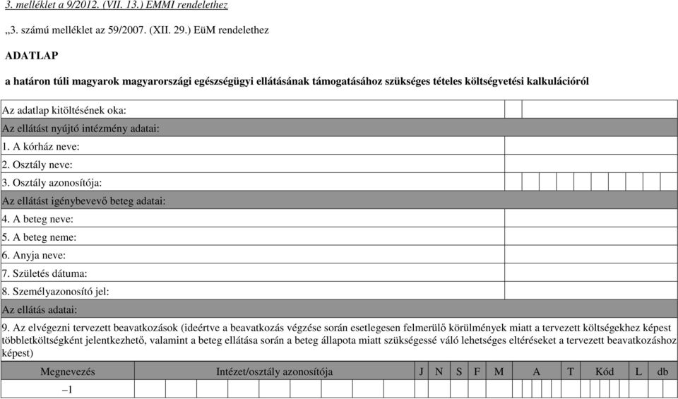 intézmény adatai: 1. A kórház neve: 2. Osztály neve: 3. Osztály azonosítója: Az ellátást igénybevevı beteg adatai: 4. A beteg neve: 5. A beteg neme: 6. Anyja neve: 7. Születés dátuma: 8.