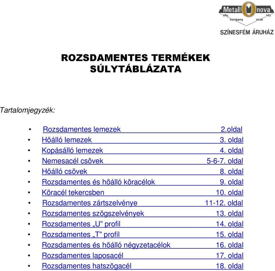 oldal Rozsdamentes zártszelvénye 11-12. oldal Rozsdamentes szögszelvények 13. oldal Rozsdamentes U profil 14.