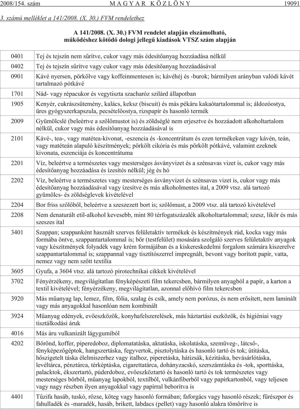 ) FVM rendelet alapján elszámolható, mûködéshez kötõdõ dologi jellegû kiadások VTSZ szám alapján 0401 Tej és tejszín nem sûrítve, cukor vagy más édesítõanyag hozzáadása nélkül 0402 Tej és tejszín