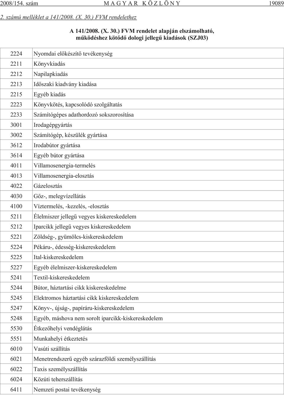 ) FVM rendelet alapján elszámolható, mûködéshez kötõdõ dologi jellegû kiadások (SZJ03) 2224 Nyomdai elõkészítõ tevékenység 2211 Könyvkiadás 2212 Napilapkiadás 2213 Idõszaki kiadvány kiadása 2215