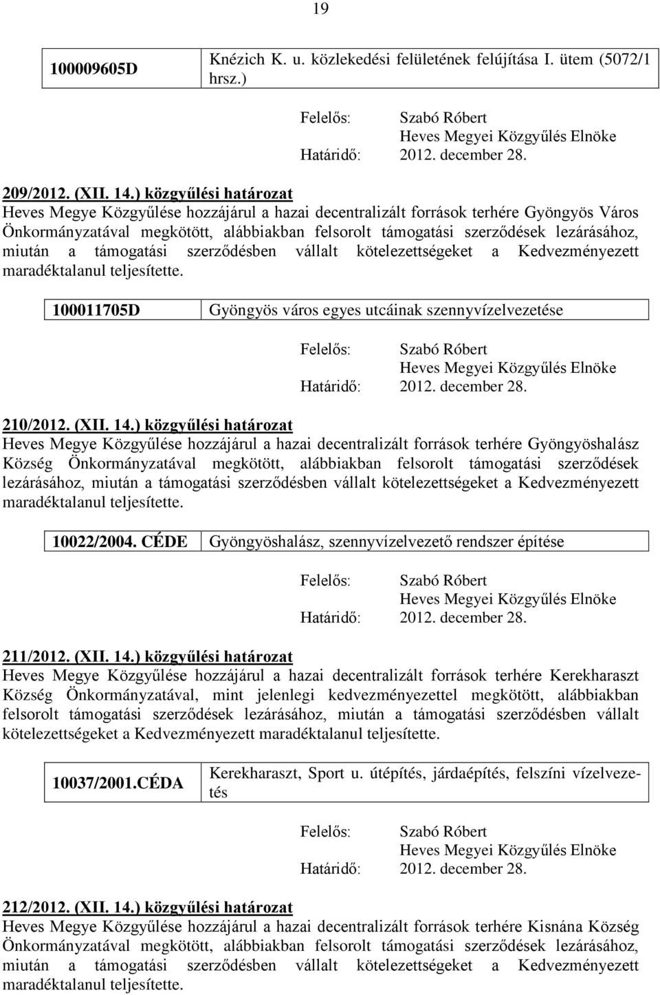 miután a támogatási szerződésben vállalt kötelezettségeket a Kedvezményezett 100011705D Gyöngyös város egyes utcáinak szennyvízelvezetése 210/2012. (XII. 14.