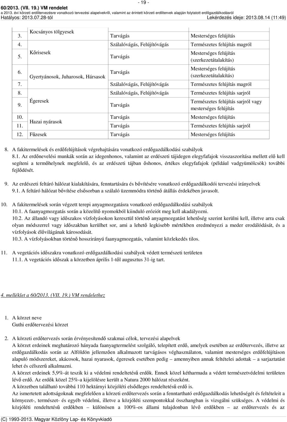 Tarvágás Gyertyánosok, Juharosok, Hársasok (szerkezetátalakítás) 7. Szálalóvágás, Felújítóvágás Természetes felújítás magról 8. Égeresek 9.