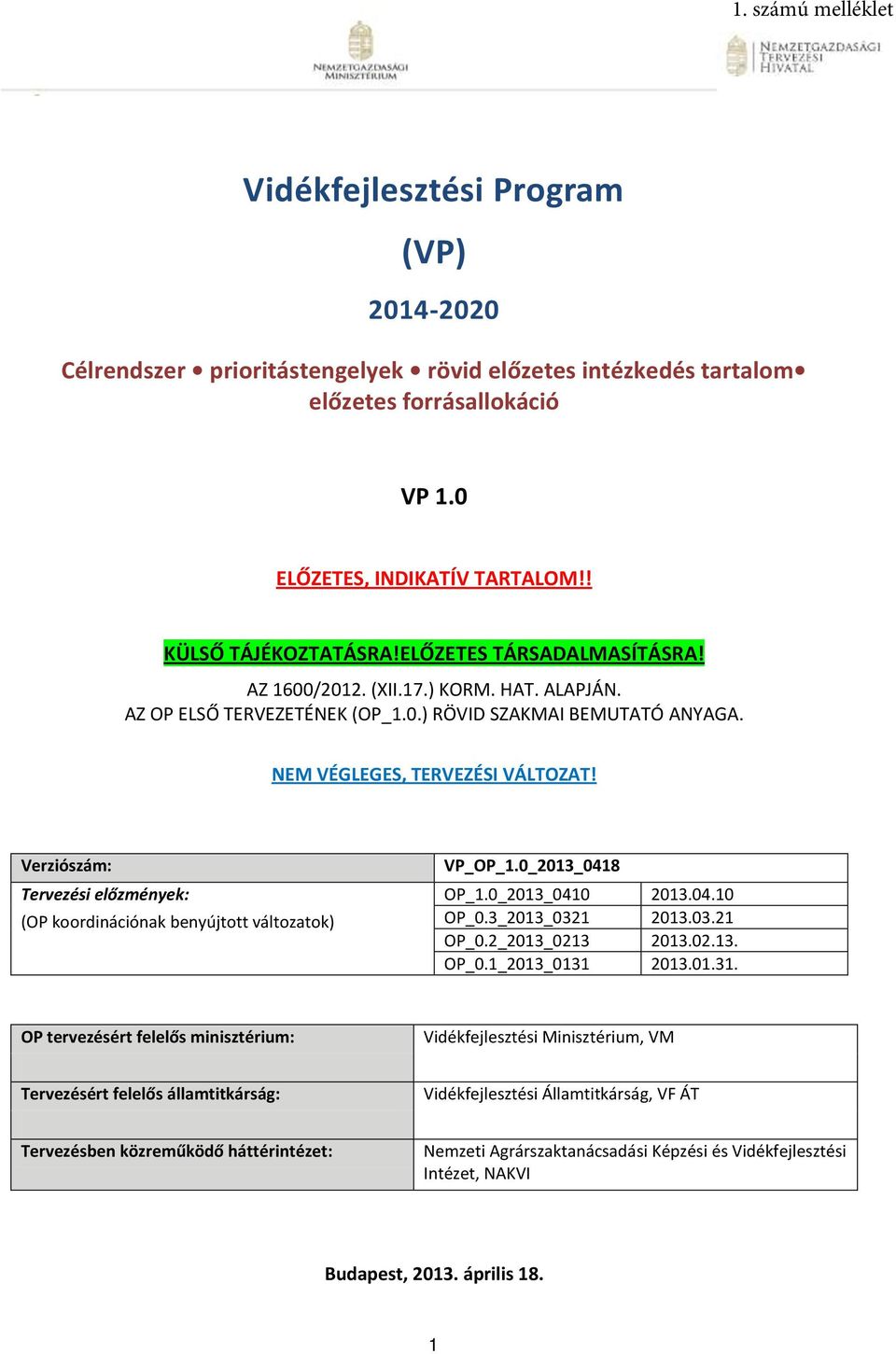 Verziószám: Tervezési előzmények: (OP koordinációnak benyújtott változatok) VP_OP_1.0_2013_0418 OP_1.0_2013_0410 2013.04.10 OP_0.3_2013_0321 2013.03.21 OP_0.2_2013_0213 2013.02.13. OP_0.1_2013_0131 2013.