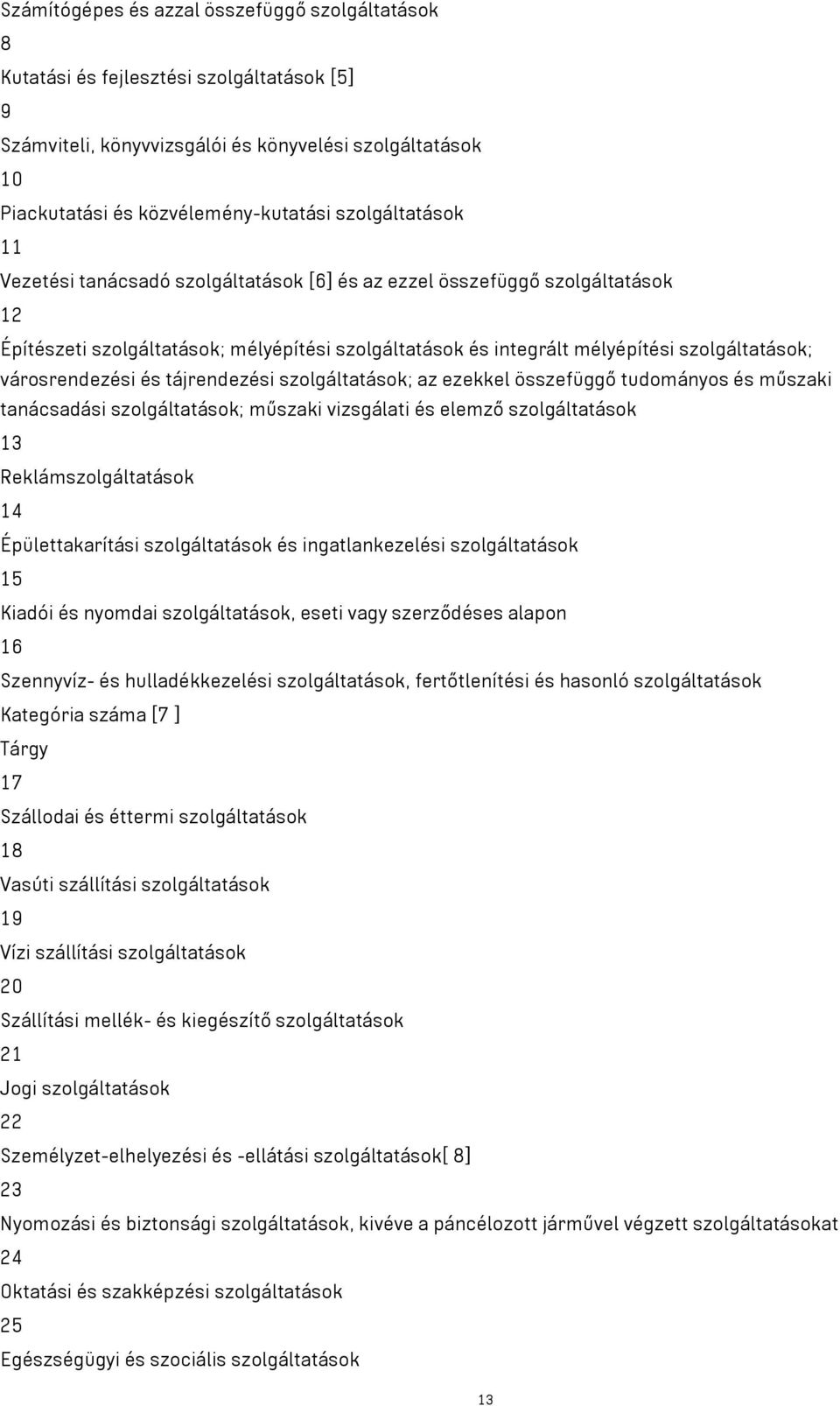 városrendezési és tájrendezési szolgáltatások; az ezekkel összefüggő tudományos és műszaki tanácsadási szolgáltatások; műszaki vizsgálati és elemző szolgáltatások 13 Reklámszolgáltatások 14