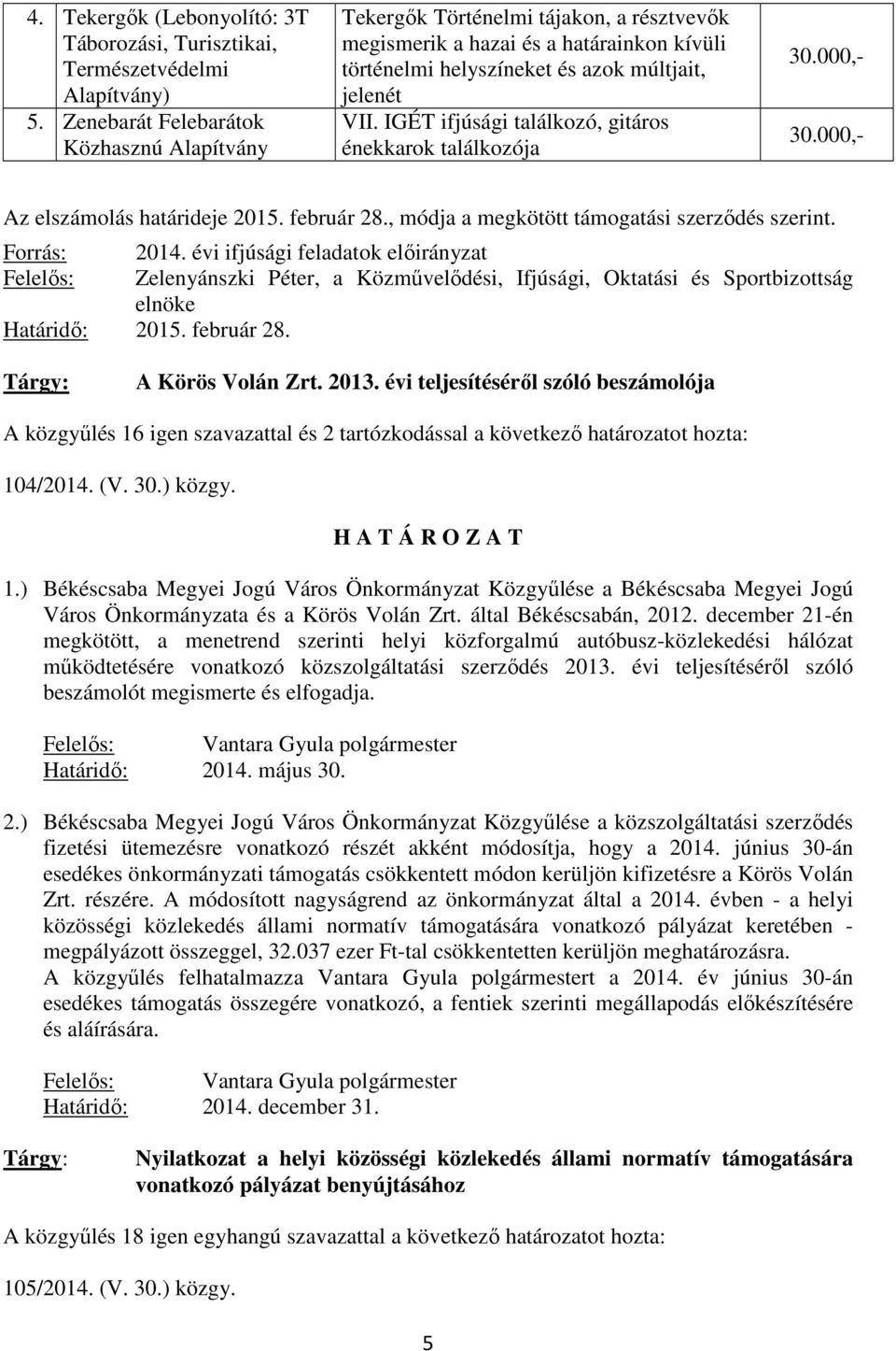 IGÉT ifjúsági találkozó, gitáros énekkarok találkozója 30.000,- 30.000,- Az elszámolás határideje 2015. február 28., módja a megkötött támogatási szerződés szerint. Forrás: 2014.