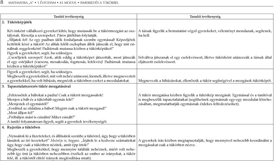 Az ablak felőli oszlopban állók játsszák el, hogy mit csinálnak reggelenként! Padtársuk mutassa közben a tükörképüket! Figyeli a gyerekeket, segít, ha szükséges. Cseréljetek szerepet!