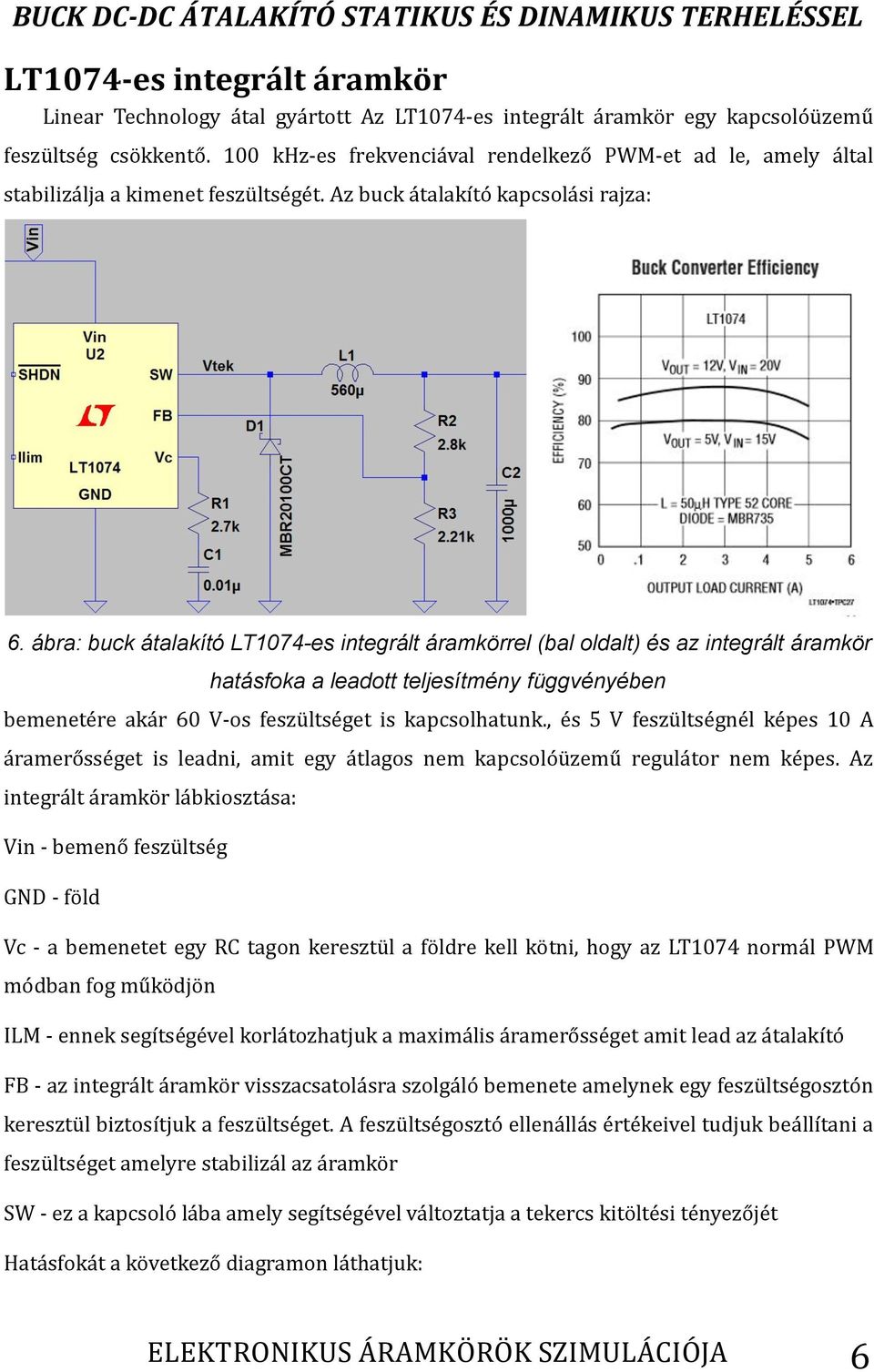 ábra: buck átalakító LT1074-es integrált áramkörrel (bal oldalt) és az integrált áramkör hatásfoka a leadott teljesítmény függvényében bemenetére akár 60 -os feszültséget is kapcsolhatunk.