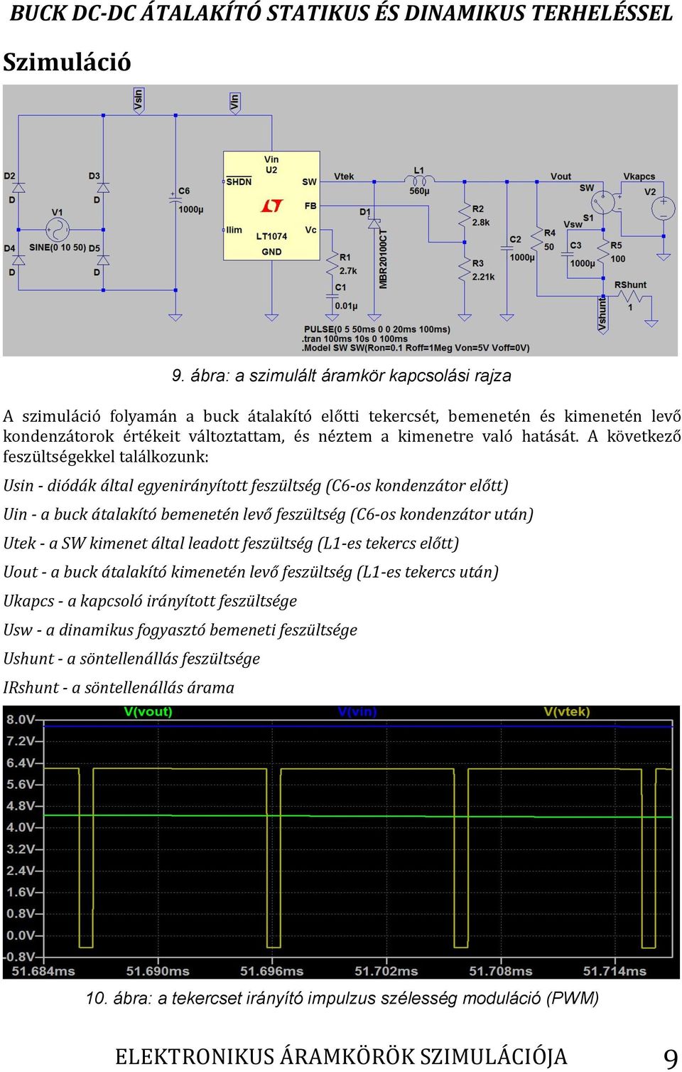 A következő feszültségekkel találkozunk: Usin - diódák által egyenirányított feszültség (C6-os kondenzátor előtt) Uin - a buck átalakító bemenetén levő feszültség (C6-os kondenzátor után) Utek - a SW