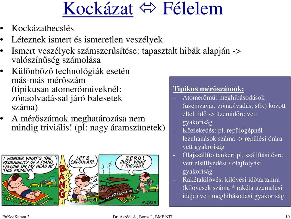 (pl: nagy áramszünetek) Tipikus mérőszámok: - Atomerőmű: meghibásodások (üzemzavar, zónaolvadás, stb.) között eltelt idő -> üzemidőre vett gyakoriság - Közlekedés: pl.