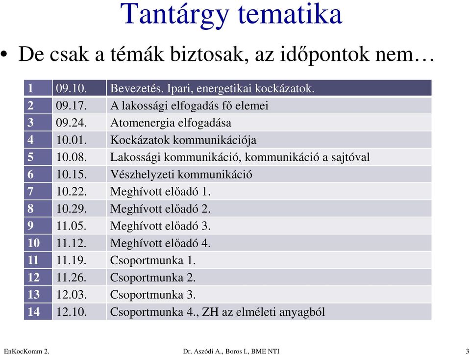 Lakossági kommunikáció, kommunikáció a sajtóval 6 10.15. Vészhelyzeti kommunikáció 7 10.22. Meghívott előadó 1. 8 10.29. Meghívott előadó 2. 9 11.