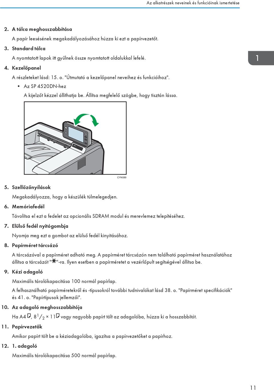 Az SP 4520DN-hez A kijelzőt kézzel állíthatja be. Állítsa megfelelő szögbe, hogy tisztán lássa. CYN089 5. Szellőzőnyílások Megakadályozza, hogy a készülék túlmelegedjen. 6.
