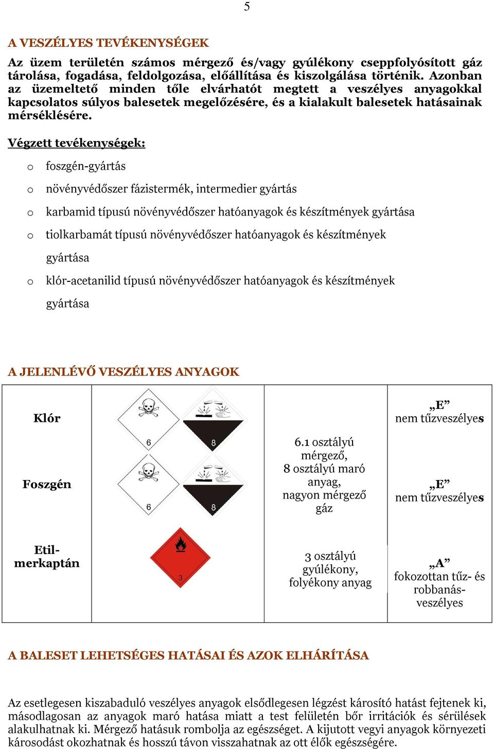 Végzett tevékenységek: o foszgén-gyártás o növényvédőszer fázistermék, intermedier gyártás o karbamid típusú növényvédőszer hatóanyagok és készítmények gyártása o tiolkarbamát típusú növényvédőszer