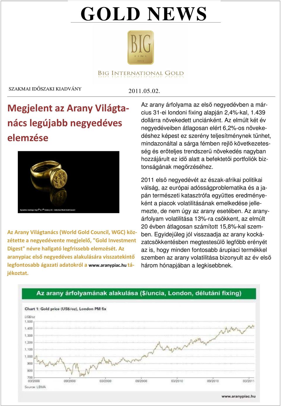 Az arany árfolyama az első negyedévben a március 31-ei londoni fixing alapján 2,4%-kal, 1.439 dollárra növekedett unciánként.