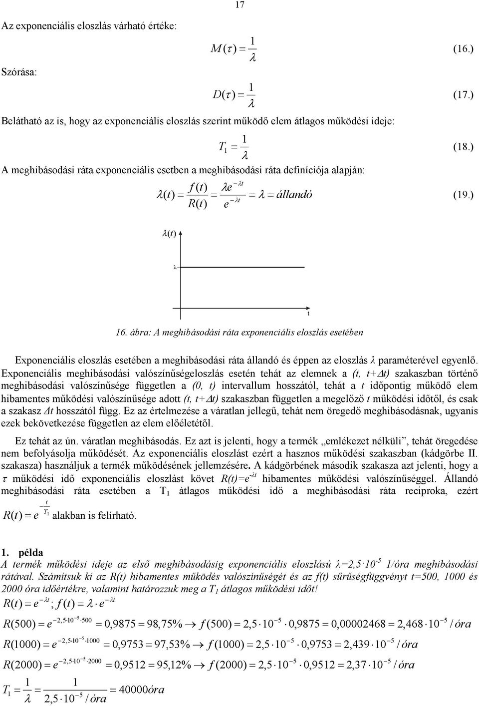 ábra: A meghibásodási ráa expoeciális eloszlás eseébe Expoeciális eloszlás eseébe a meghibásodási ráa álladó és éppe az eloszlás λ paraméerével egyelı.