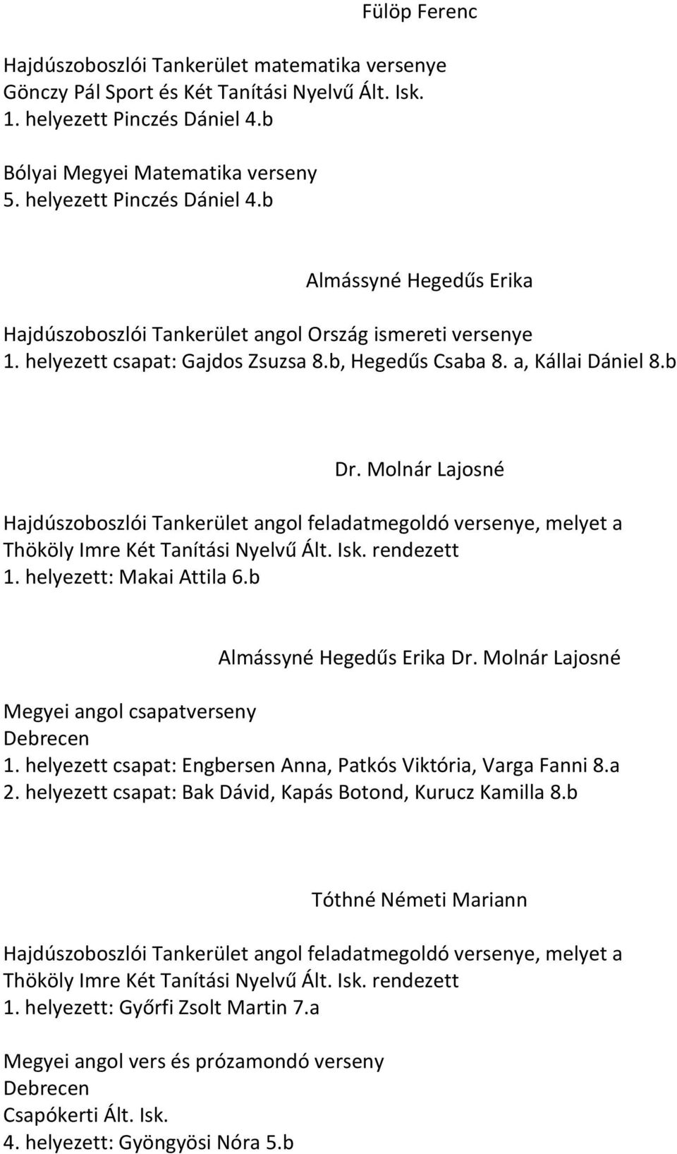 Molnár Lajosné Hajdúszoboszlói Tankerület angol feladatmegoldó versenye, melyet a Thököly Imre Két Tanítási Nyelvű Ált. Isk. rendezett 1. helyezett: Makai Attila 6.b Almássyné Hegedűs Erika Dr.