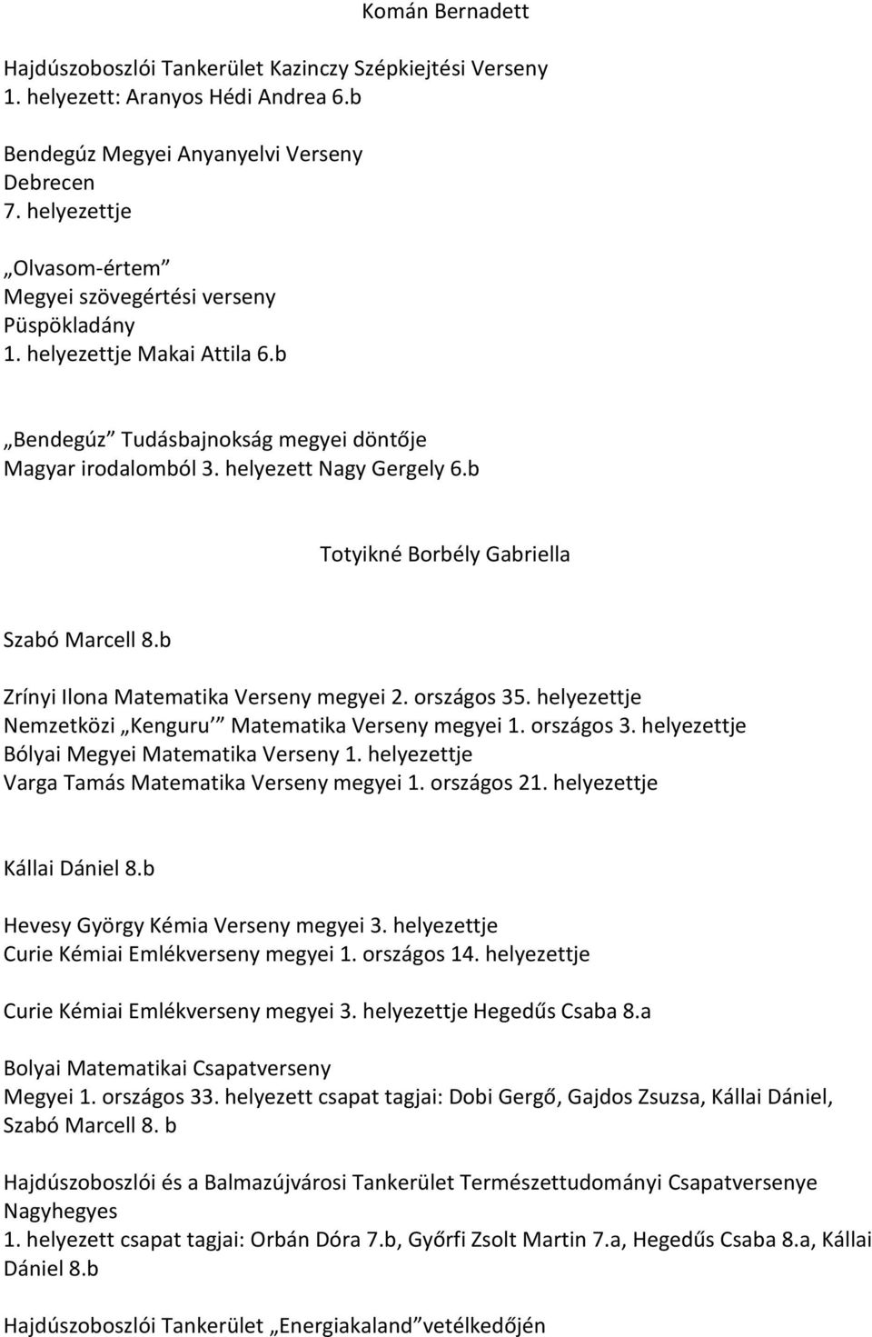 b Totyikné Borbély Gabriella Szabó Marcell 8.b Zrínyi Ilona Matematika Verseny megyei 2. országos 35. helyezettje Nemzetközi Kenguru Matematika Verseny megyei 1. országos 3. helyezettje Bólyai Megyei Matematika Verseny 1.