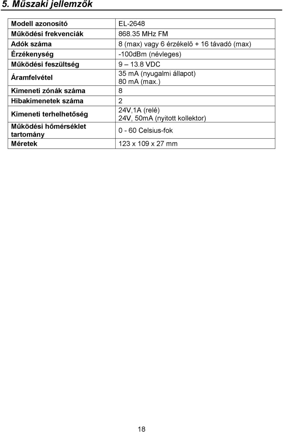 8 VDC Áramfelvétel 35 ma (nyugalmi állapot) 80 ma (max.