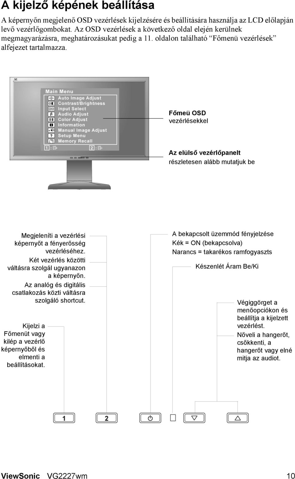 Főmeü OSD vezérlésekkel Az elülső vezérlőpanelt részletesen alább mutatjuk be Megjeleníti a vezérlési képernyőt a fényerősség vezérléséhez. Két vezérlés közötti váltásra szolgál ugyanazon a képernyőn.