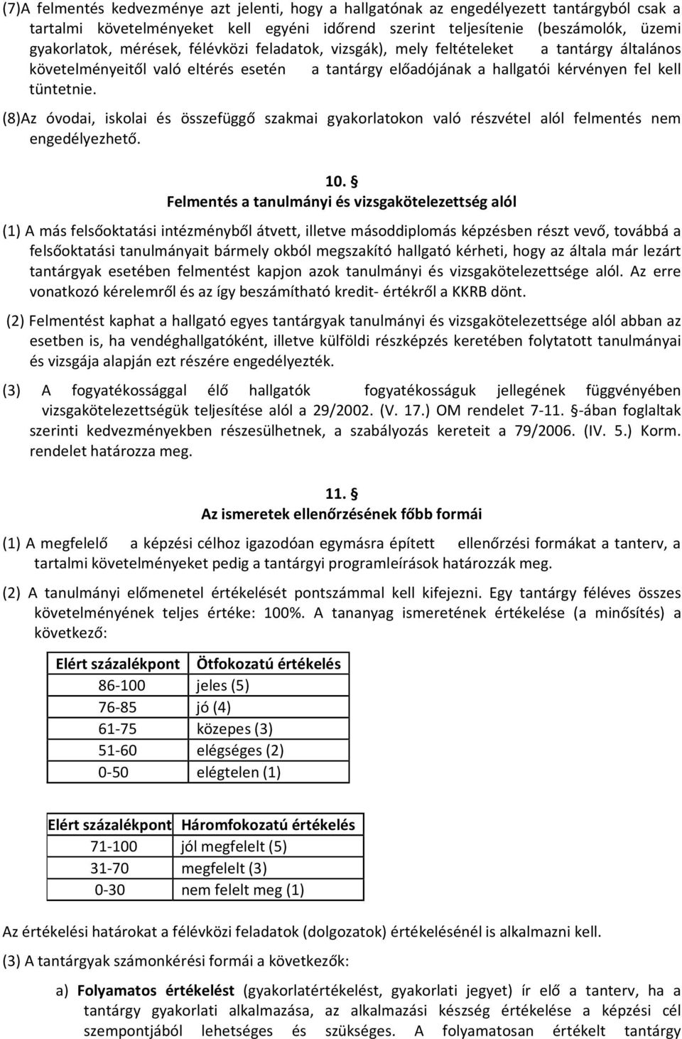 (8)Az óvodai, iskolai és összefüggő szakmai gyakorlatokon való részvétel alól felmentés nem engedélyezhető. 10.