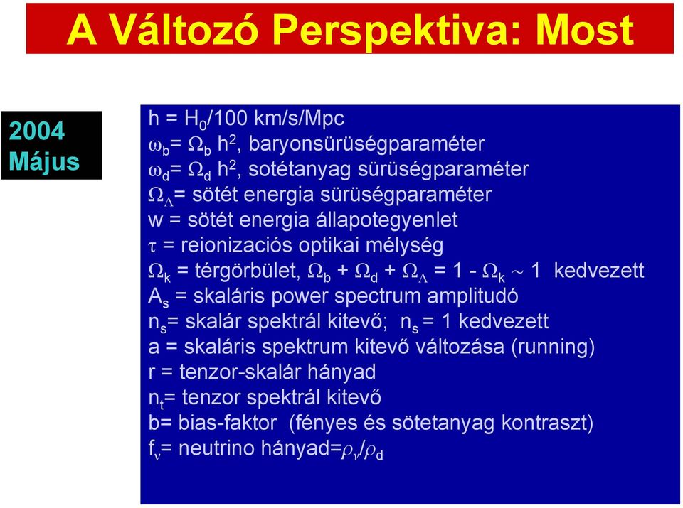 Ω k ~ 1 kedvezett A s = skaláris power spectrum amplitudó n s = skalár spektrál kitevő; n s = 1 kedvezett a = skaláris spektrum kitevő