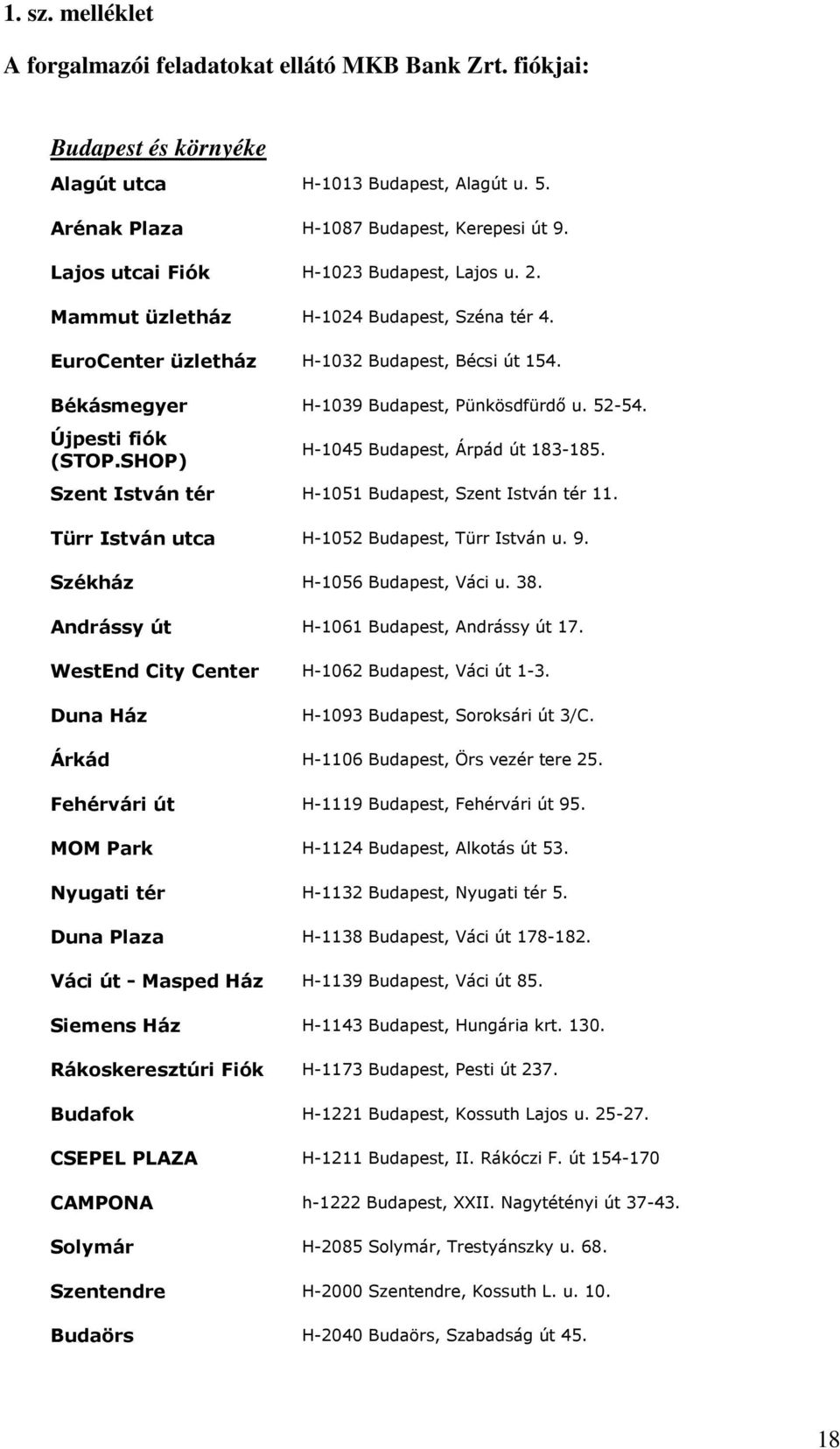 Újpesti fiók (STOP.SHOP) H-1045 Budapest, Árpád út 183-185. Szent István tér H-1051 Budapest, Szent István tér 11. Türr István utca H-1052 Budapest, Türr István u. 9. Székház H-1056 Budapest, Váci u.