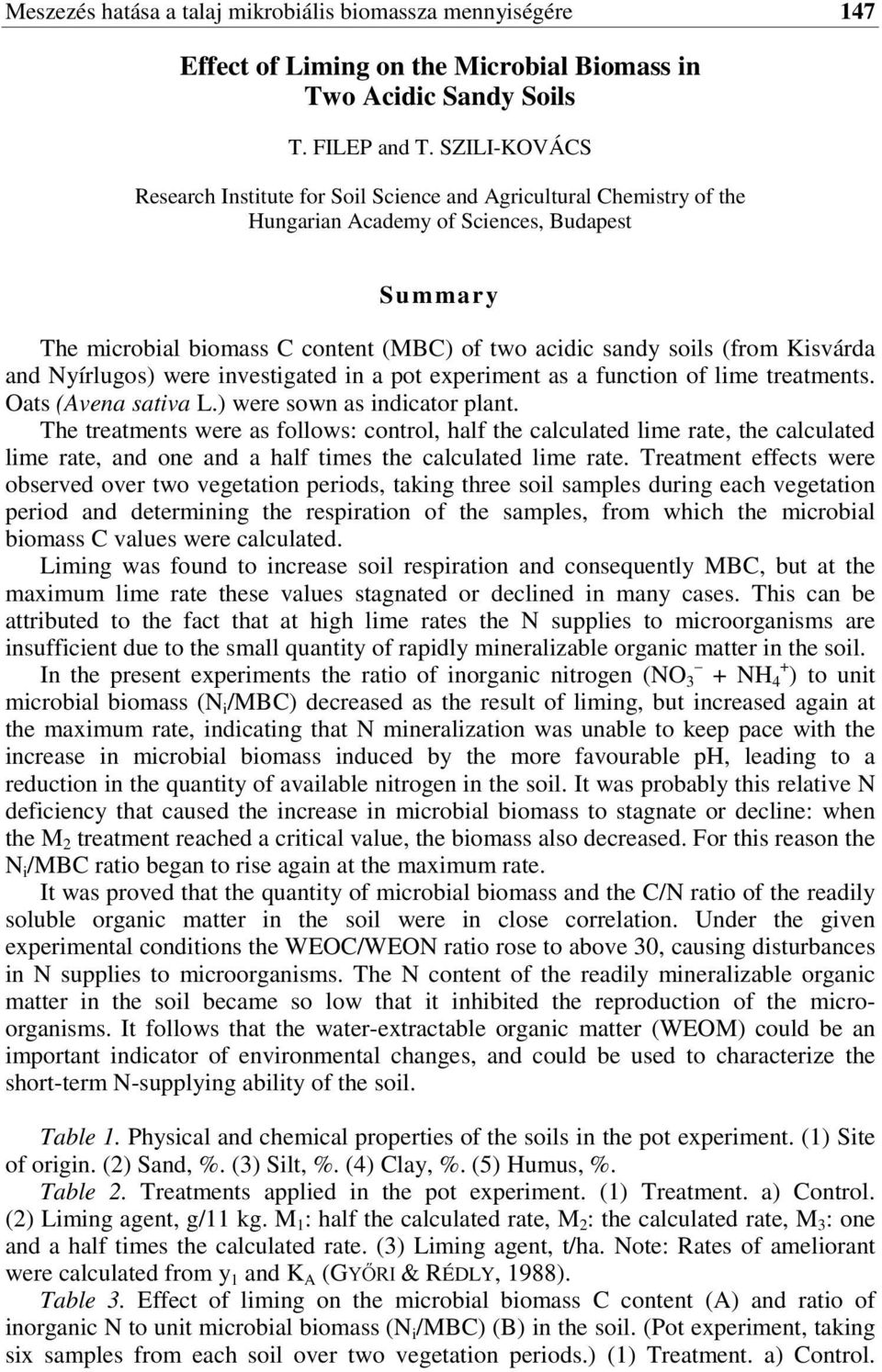 (from Kisvárda and Nyírlugos) were investigated in a pot experiment as a function of lime treatments. Oats (Avena sativa L.) were sown as indicator plant.