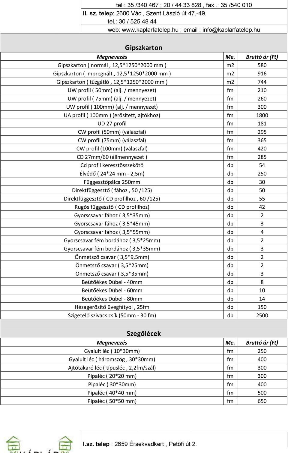 / mennyezet) fm 300 UA profil ( 100mm ) (erősített, ajtókhoz) fm 1800 UD 27 profil fm 181 CW profil (50mm) (válaszfal) fm 295 CW profil (75mm) (válaszfal) fm 365 CW profil (100mm) (válaszfal) fm 420