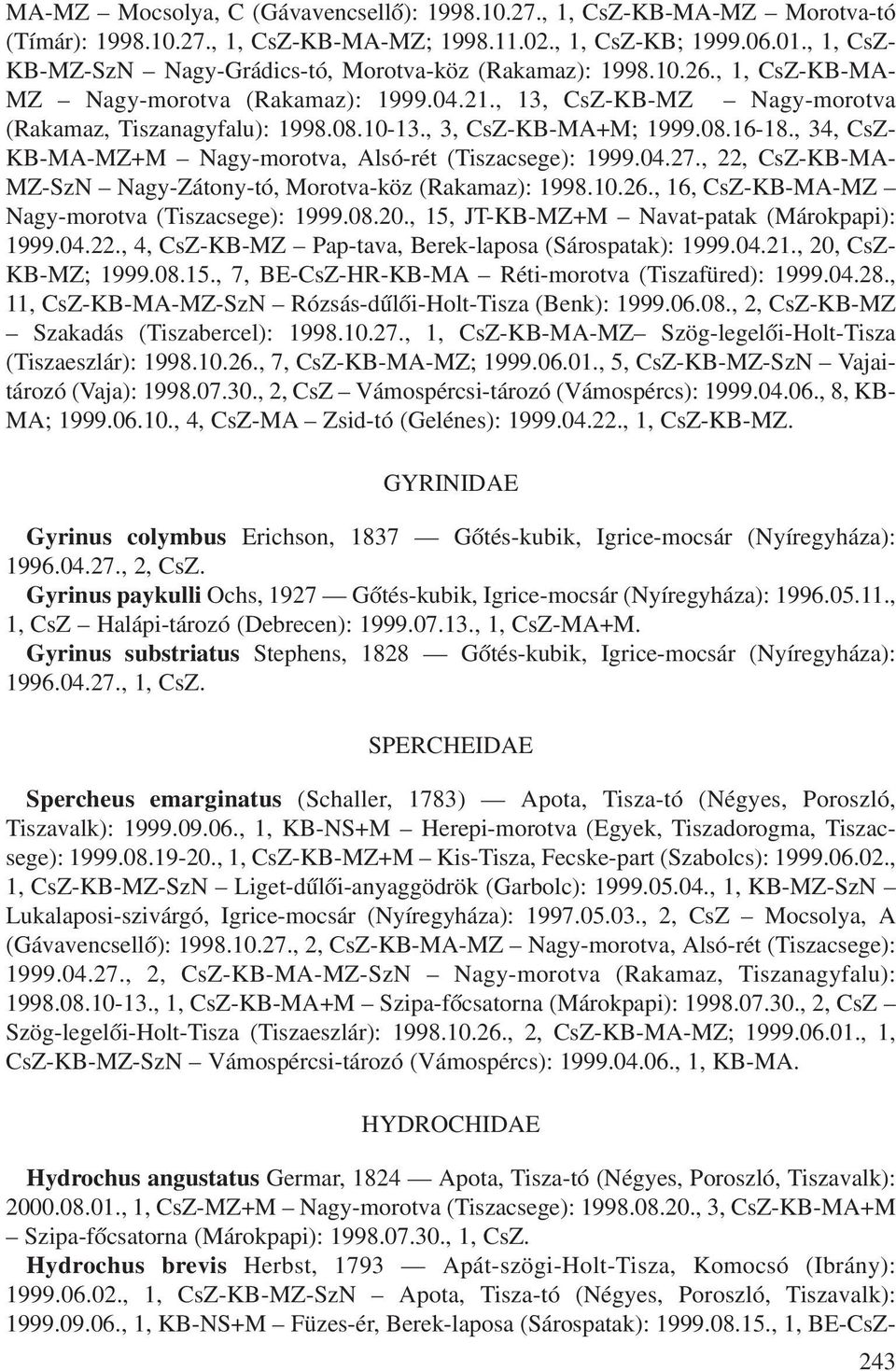 , 3, CsZ-KB-MA+M; 1999.08.16-18., 34, CsZ- KB-MA-MZ+M Nagy-morotva, Alsó-rét (Tiszacsege): 1999.04.27., 22, CsZ-KB-MA- MZ-SzN Nagy-Zátony-tó, Morotva-köz (Rakamaz): 1998.10.26.