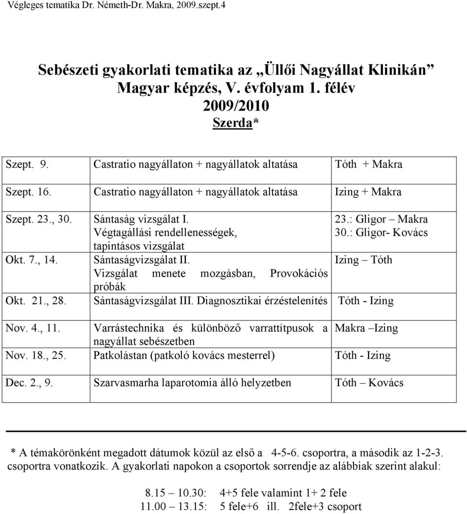 Vizsgálat menete mozgásban, Provokációs próbák Okt. 21., 28. 23.: Gligor Makra 30.: Gligor- Kovács Izing Tóth Sántaságvizsgálat III. Diagnosztikai érzéstelenítés Tóth - Izing Nov. 4., 11.