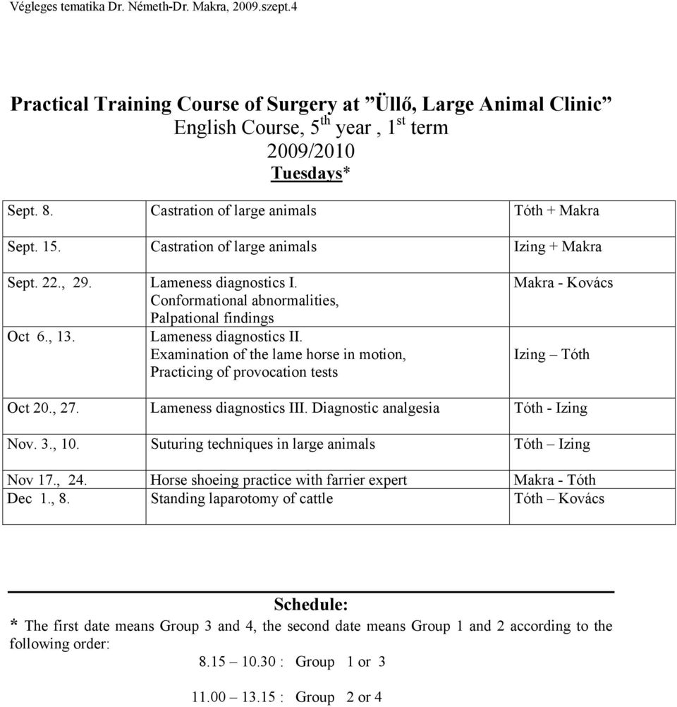 Examination of the lame horse in motion, Practicing of provocation tests Makra - Kovács Izing Tóth Oct 20., 27. Lameness diagnostics III. Diagnostic analgesia Tóth - Izing Nov. 3., 10.