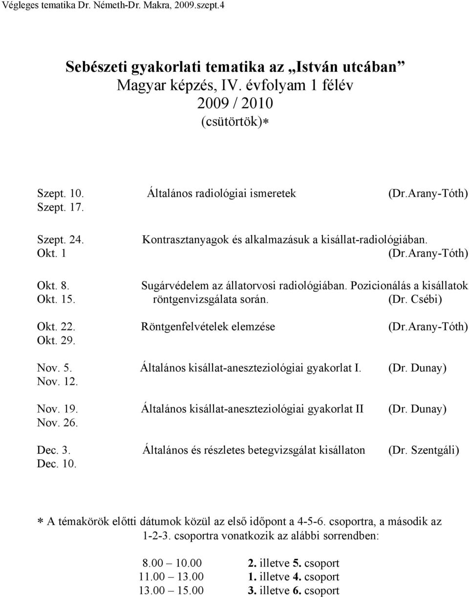 22. Röntgenfelvételek elemzése (Dr.Arany-Tóth) Okt. 29. Nov. 5. Általános kisállat-aneszteziológiai gyakorlat I. (Dr. Dunay) Nov. 12. Nov. 19. Általános kisállat-aneszteziológiai gyakorlat II (Dr.