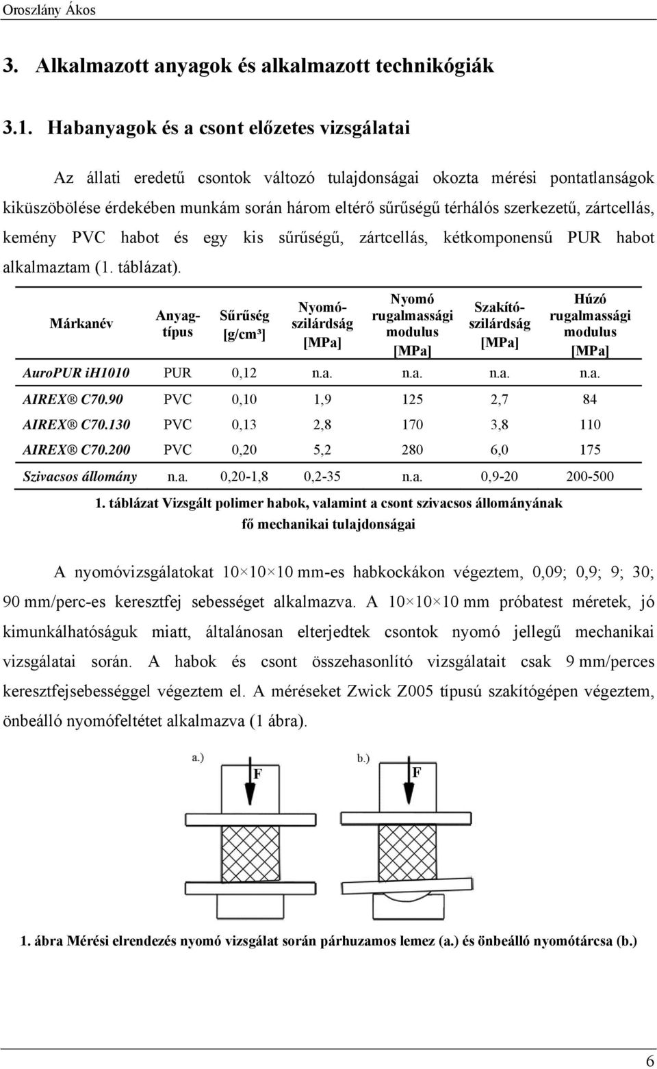 zártcellás, kemény PVC habot és egy kis sűrűségű, zártcellás, kétkomponensű PUR habot alkalmaztam (1. táblázat).