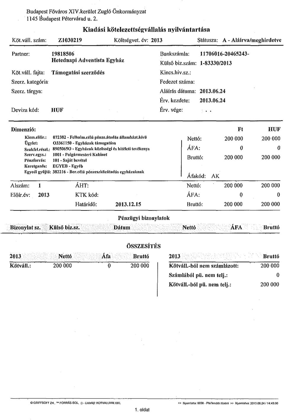 tárgya: Deviza kód: 19818506 Hetednapi Adventista Egyház Támogatási szerződés HÜF Bankszámla: 11706016-20465243- Küiső biz.szám: 1-83330/2013 Kincs.hiv.sz.: Fedezet száma: Aláírás dátuma: 2013.06.24 Érv.