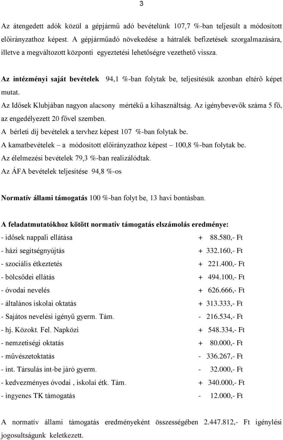 Az intézményi saját bevételek 94,1 %-ban folytak be, teljesítésük azonban eltérő képet mutat. Az Idősek Klubjában nagyon alacsony mértékű a kihasználtság.