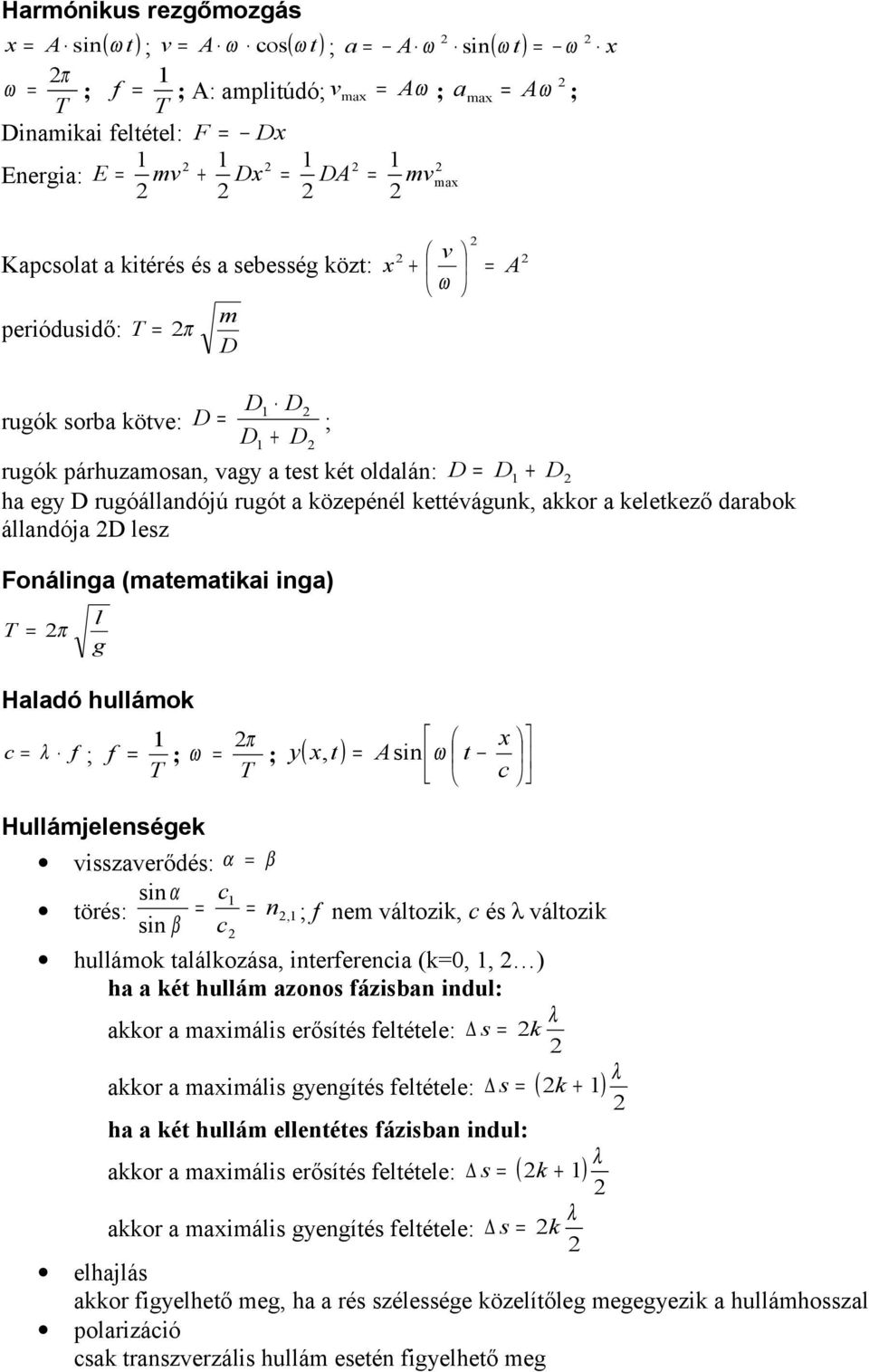 Fonálinga (aeaikai inga) T π l g Haladó hulláok c λ f ; f ; ω T x ; y( x, ) Ain ω π T c Hullájelenégek vizaverődé: α β in α c öré: n, ; f ne válozik, c é λ válozik in β c hulláok alálkozáa,