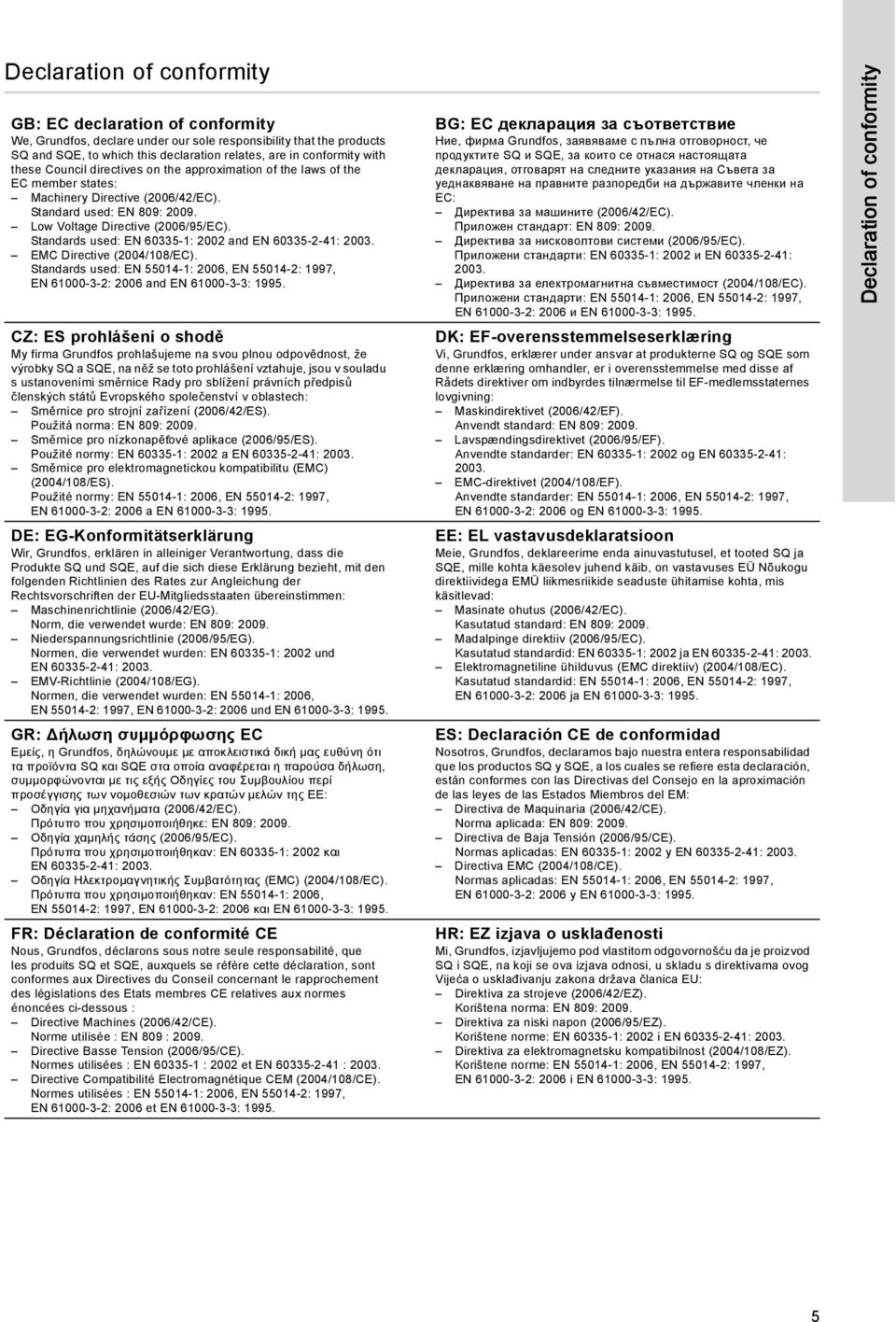 Standards used: EN 60335-1: 2002 and EN 60335-2-41: 2003. EMC Directive (2004/108/EC). Standards used: EN 55014-1: 2006, EN 55014-2: 1997, EN 61000-3-2: 2006 and EN 61000-3-3: 1995.