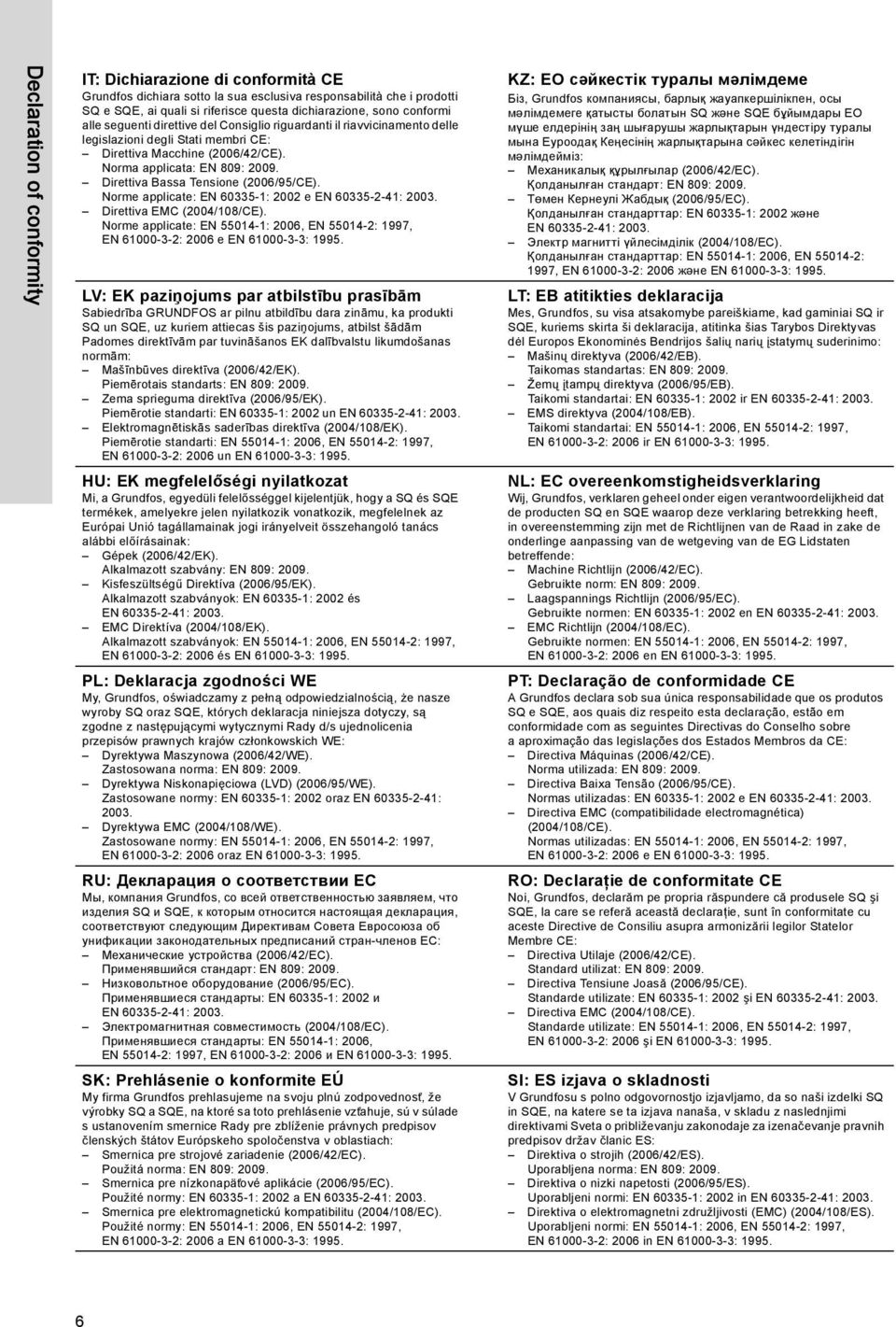 Direttiva Bassa Tensione (2006/95/CE). Norme applicate: EN 60335-1: 2002 e EN 60335-2-41: 2003. Direttiva EMC (2004/108/CE).