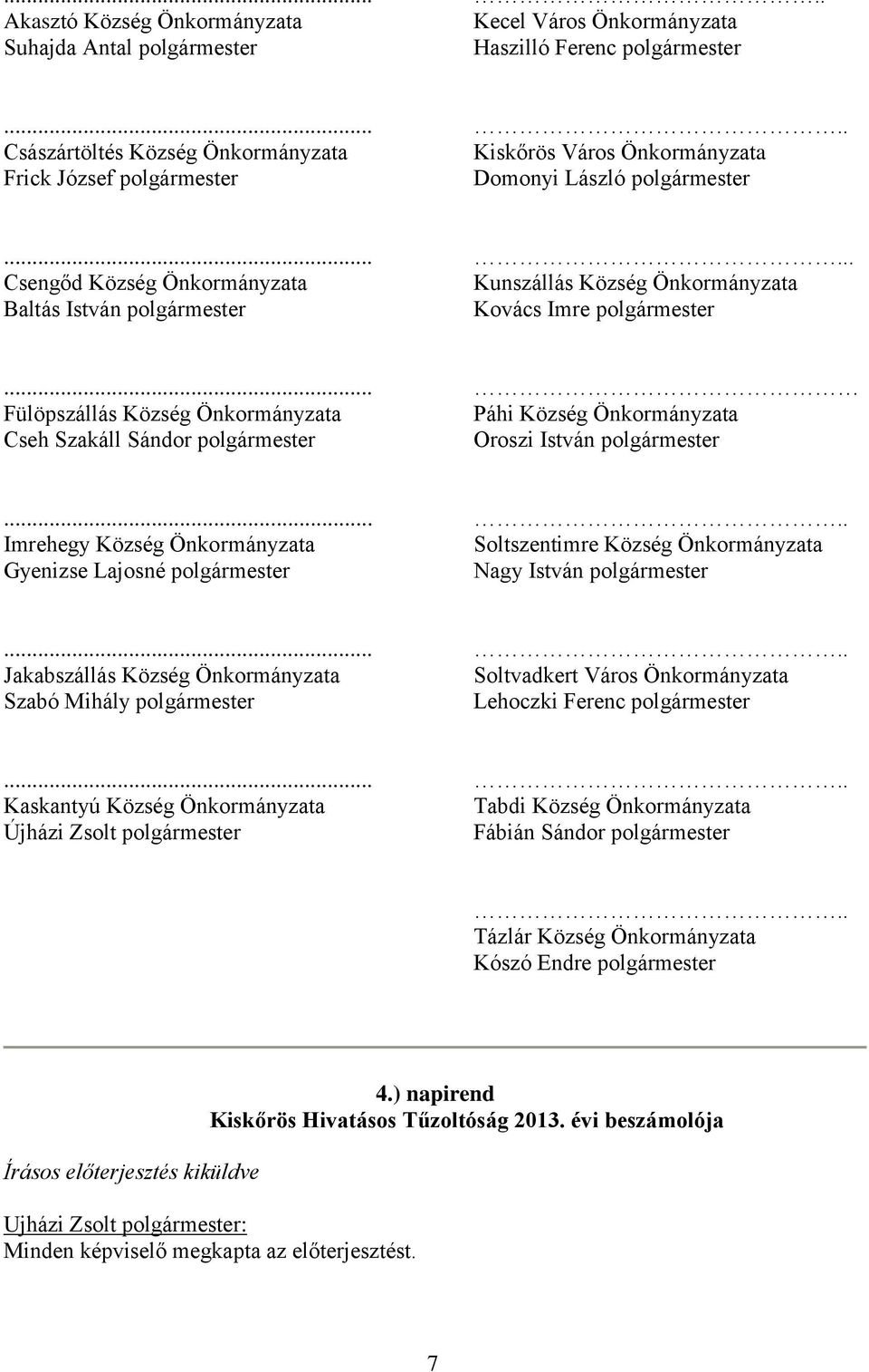 ..... Csengőd Község Önkormányzata Kunszállás Község Önkormányzata Baltás István polgármester Kovács Imre polgármester.