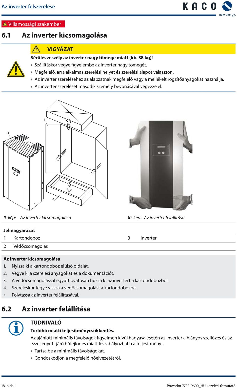 Az inverter szerelését második személy bevonásával végezze el. 1 3 2 9. kép: Az inverter kicsomagolása 10.