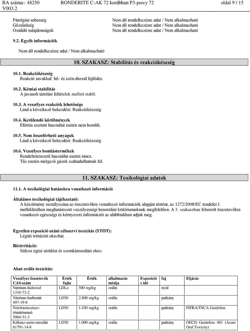 Nem összeférhető anyagok Lásd a következő bekezdést: Reakciókészség 10.6. Veszélyes bomlástermékek Rendeltetésszerű használat esetén nincs. Tűz esetén mérgező gázok szabadulhatnak fel. 10. SZAKASZ: Stabilitás és reakciókészség 11.