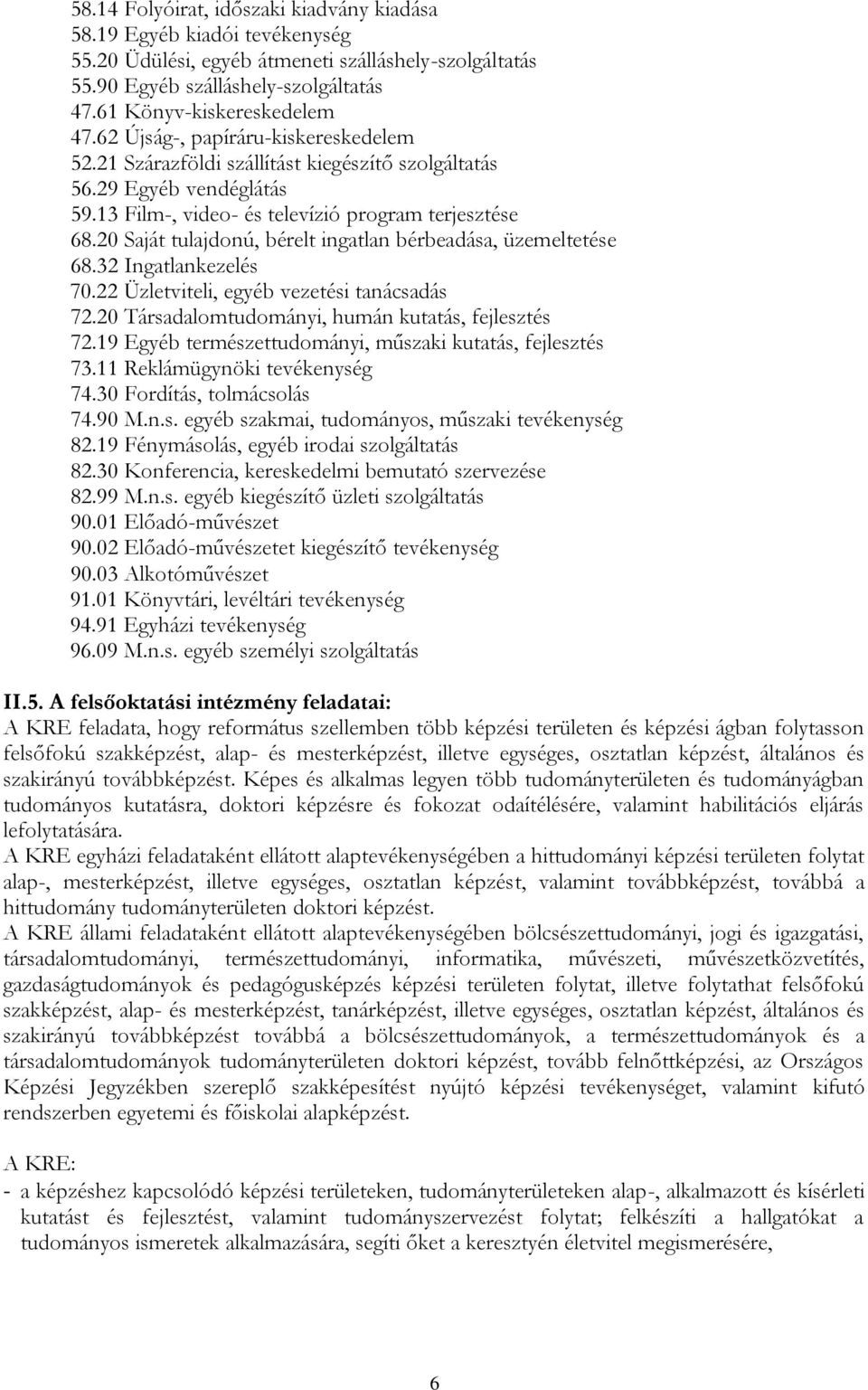 20 Saját tulajdonú, bérelt ingatlan bérbeadása, üzemeltetése 68.32 Ingatlankezelés 70.22 Üzletviteli, egyéb vezetési tanácsadás 72.20 Társadalomtudományi, humán kutatás, fejlesztés 72.