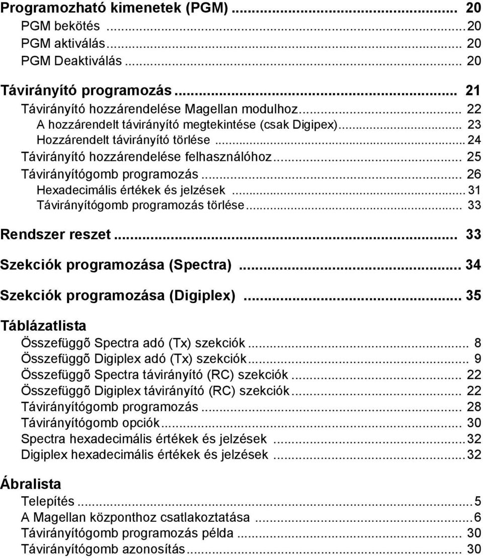 .. 26 Hexadecimális értékek és jelzések... 31 Távirányítógomb programozás törlése... 33 Rendszer reszet... 33 Szekciók programozása (Spectra)... 34 Szekciók programozása (Digiplex).